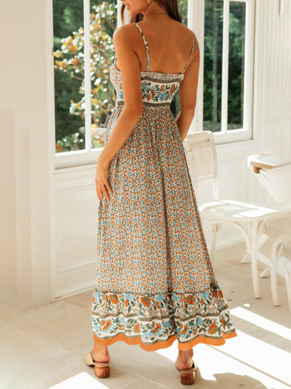 big swing skirt Bohemian V-neck suspender floral dress