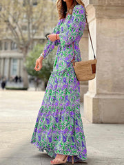temperament v-neck bohemian print swing dress