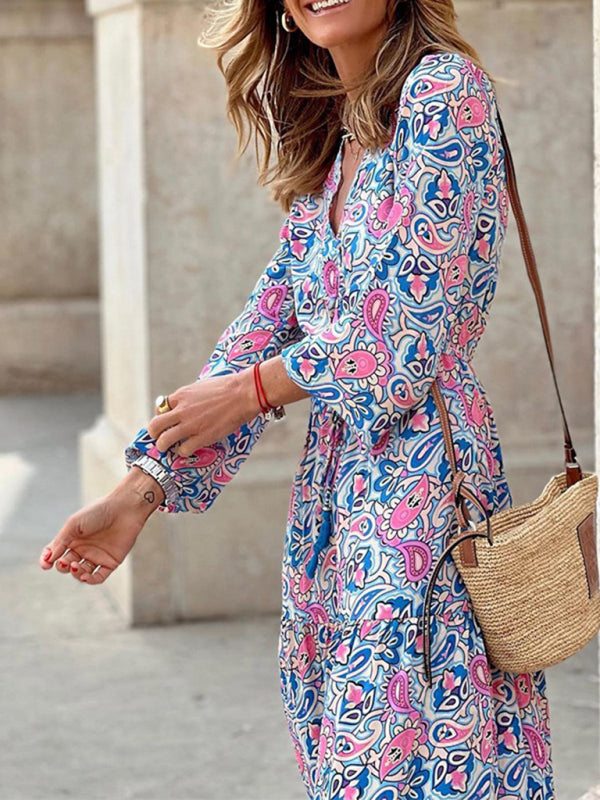 temperament v-neck bohemian print swing dress