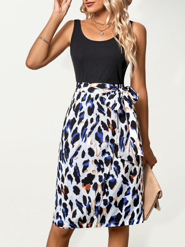 Casual Ladies Round Neck Stitching Printed Sleeveless Dress