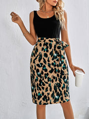 Casual Ladies Round Neck Stitching Printed Sleeveless Dress