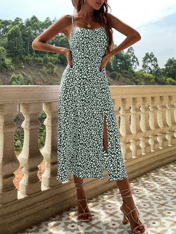 floral suspender dress slim fit slit print dress