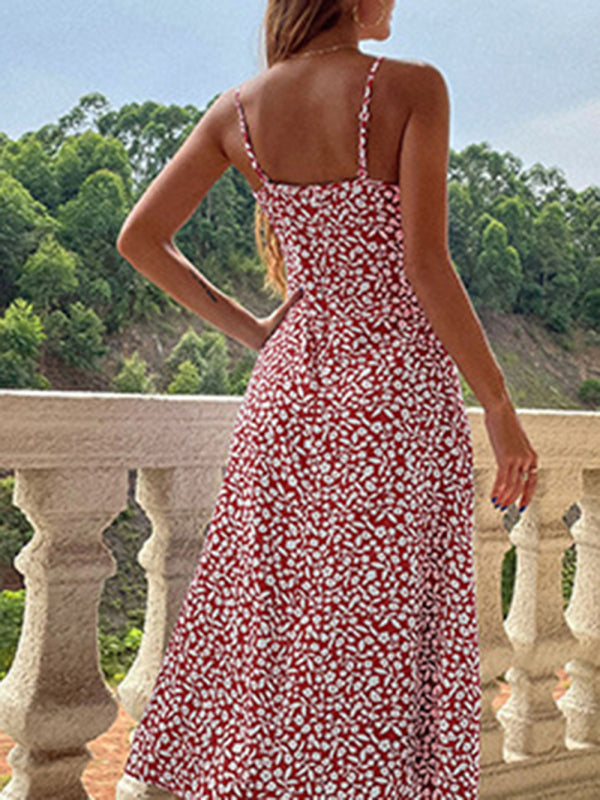 floral suspender dress slim fit slit print dress