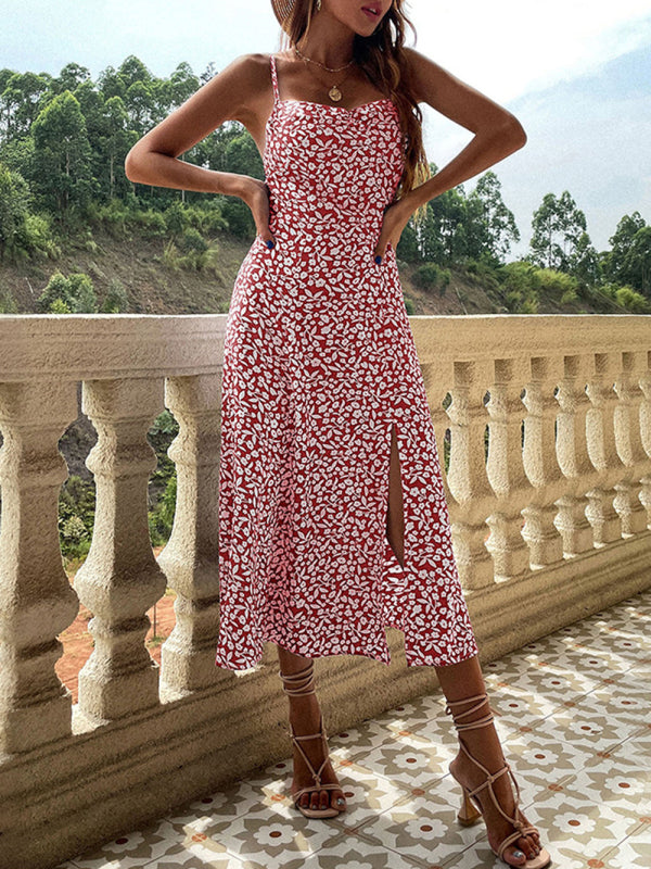 floral suspender dress slim fit slit print dress