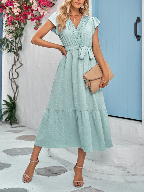 Casual solid color casual tie waist lace V-neck dress