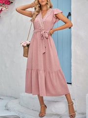 Casual solid color casual tie waist lace V-neck dress