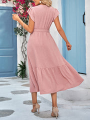 Casual solid color casual tie waist lace V-neck dress