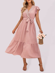 Casual solid color casual tie waist lace V-neck dress