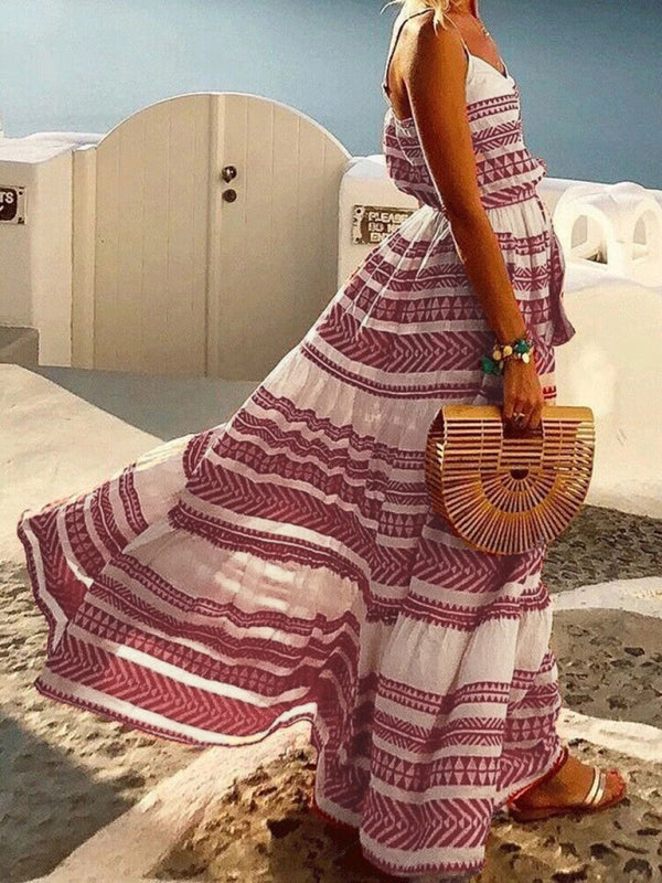 Bohemian style deep V-neck printed beach holiday style suspender dress