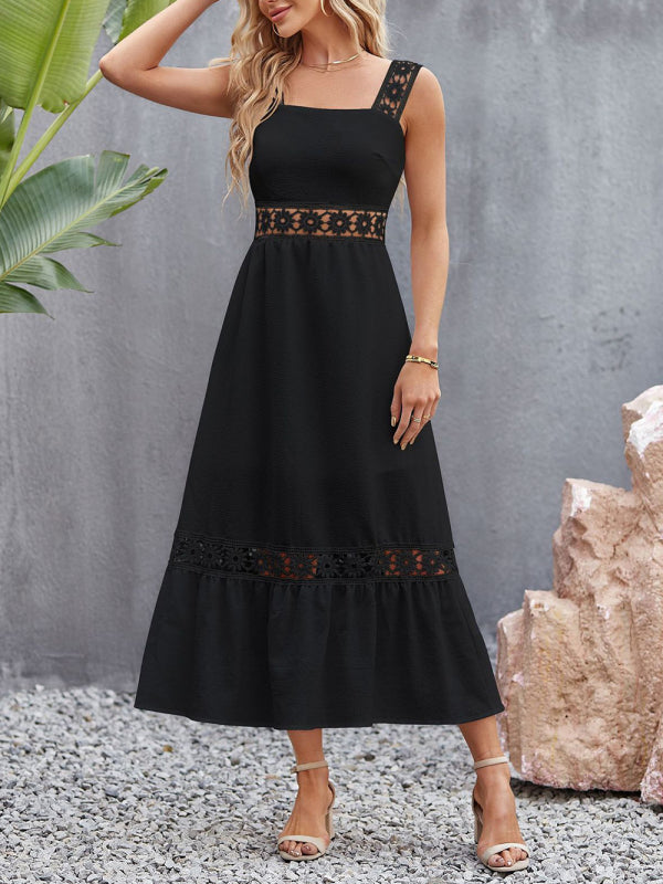 style solid color hollow lace stitching square collar sleeveless suspender dress