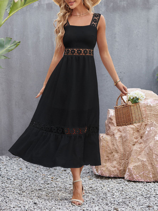 style solid color hollow lace stitching square collar sleeveless suspender dress