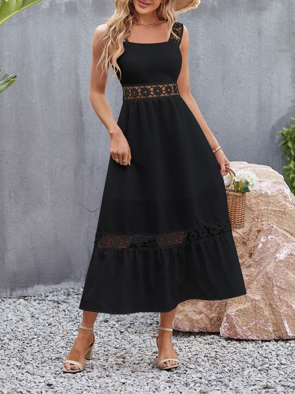 style solid color hollow lace stitching square collar sleeveless suspender dress