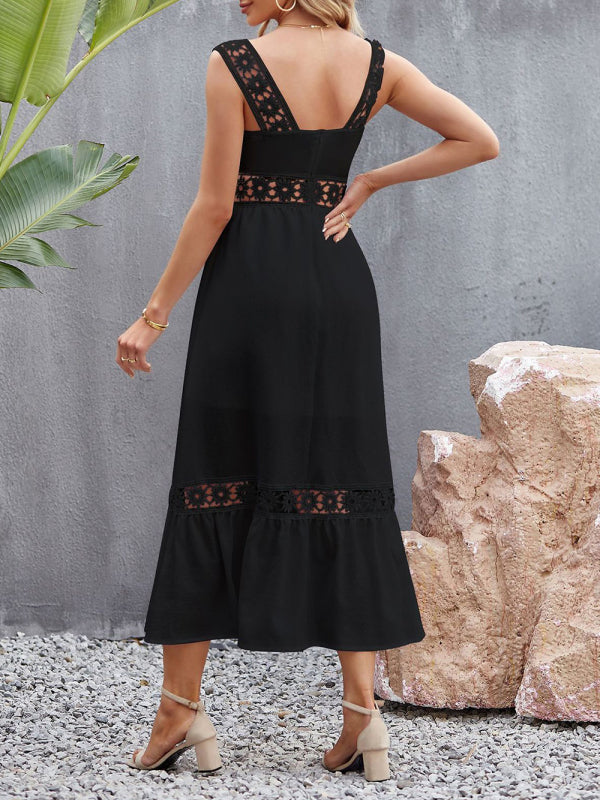 style solid color hollow lace stitching square collar sleeveless suspender dress