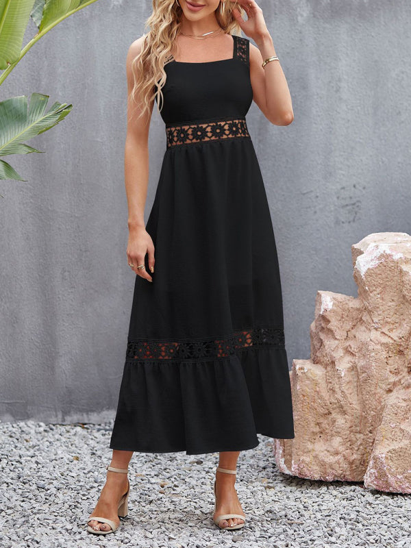 style solid color hollow lace stitching square collar sleeveless suspender dress
