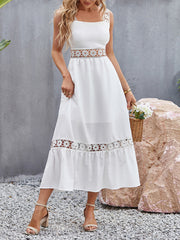 style solid color hollow lace stitching square collar sleeveless suspender dress