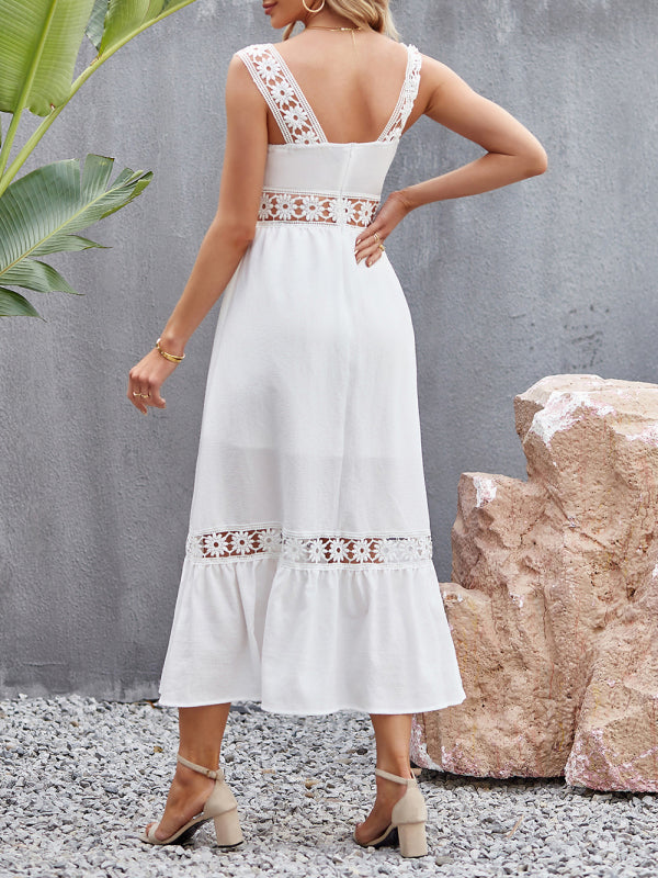 style solid color hollow lace stitching square collar sleeveless suspender dress