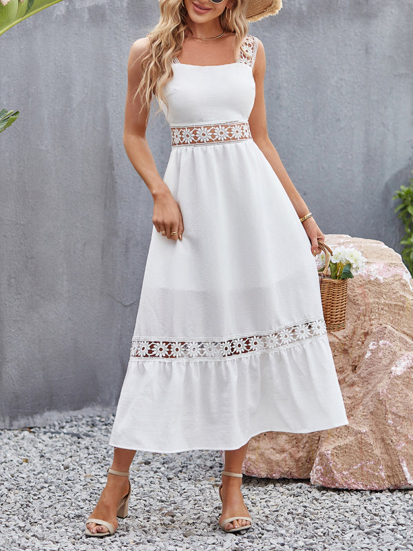 style solid color hollow lace stitching square collar sleeveless suspender dress