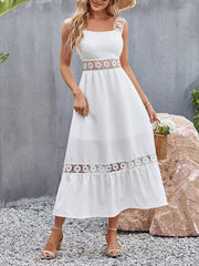 style solid color hollow lace stitching square collar sleeveless suspender dress