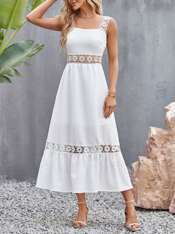 style solid color hollow lace stitching square collar sleeveless suspender dress