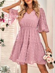 casual V-neck solid color waist short-sleeved dress