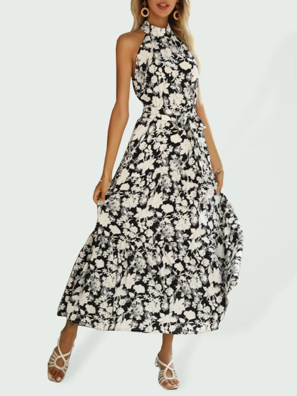 French Halter Neck Sleeveless Slit Print Sexy Dress