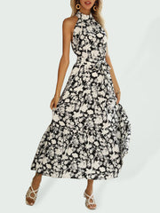 French Halter Neck Sleeveless Slit Print Sexy Dress