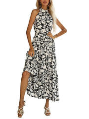 French Halter Neck Sleeveless Slit Print Sexy Dress