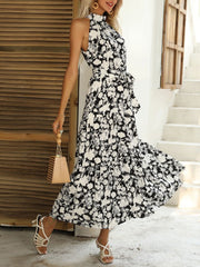 French Halter Neck Sleeveless Slit Print Sexy Dress