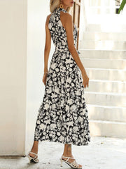 French Halter Neck Sleeveless Slit Print Sexy Dress