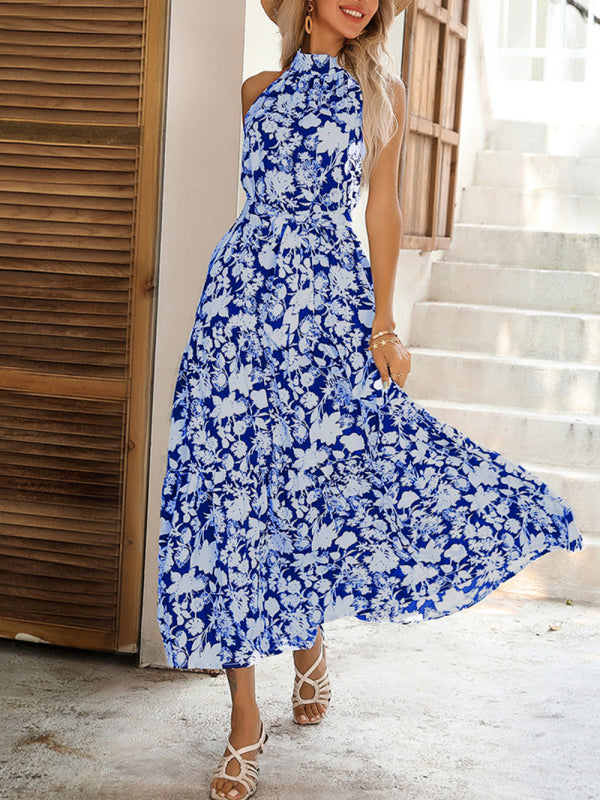 French Halter Neck Sleeveless Slit Print Sexy Dress