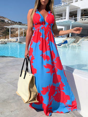 bohemian print V-neck strapless sleeveless dress