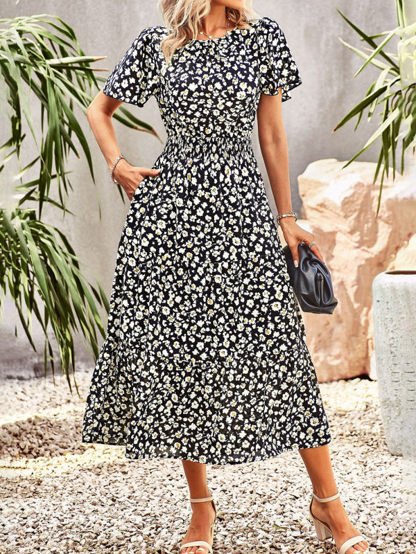 Floral Dress Temperament Elegant Waist Short Sleeve Long Dress