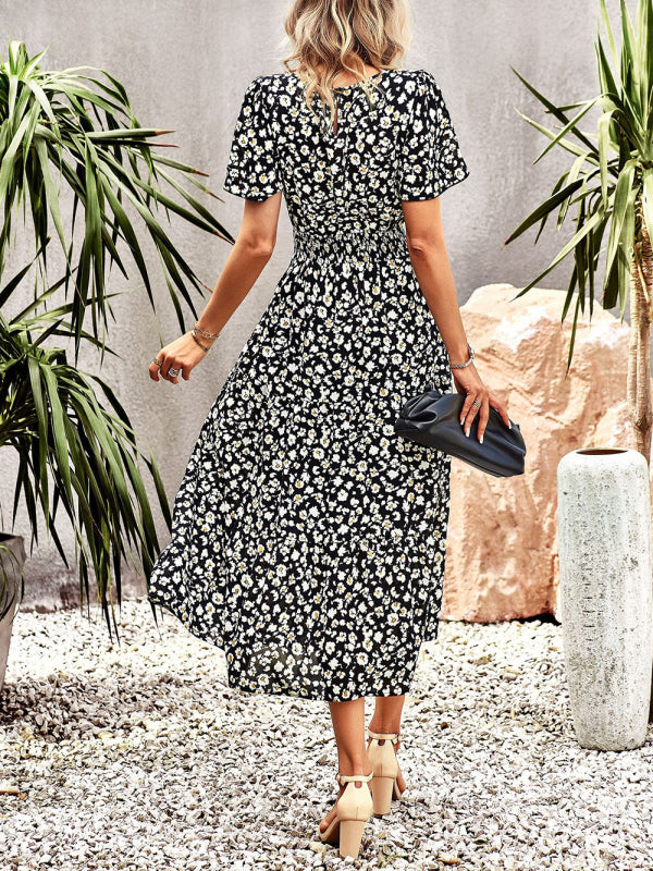 Floral Dress Temperament Elegant Waist Short Sleeve Long Dress