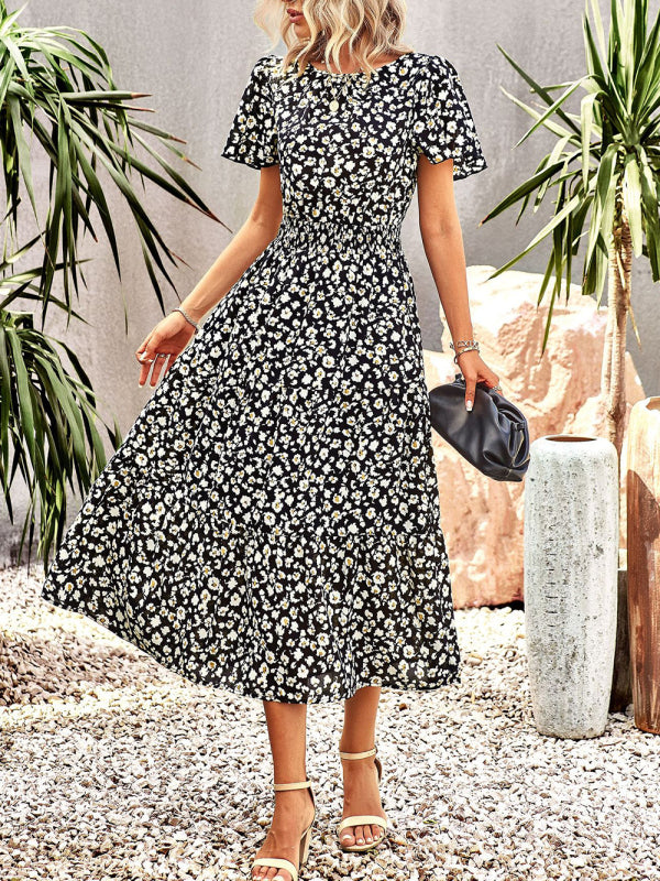 Floral Dress Temperament Elegant Waist Short Sleeve Long Dress