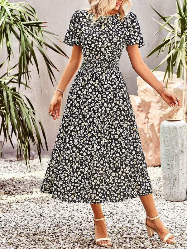 Floral Dress Temperament Elegant Waist Short Sleeve Long Dress