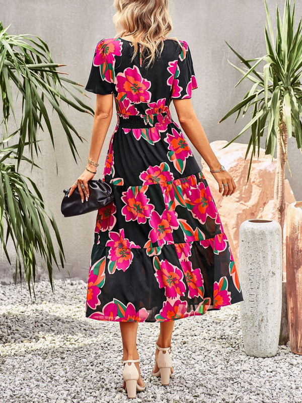 Floral Dress Temperament Elegant Waist Short Sleeve Long Dress