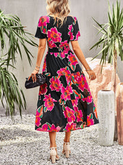 Floral Dress Temperament Elegant Waist Short Sleeve Long Dress