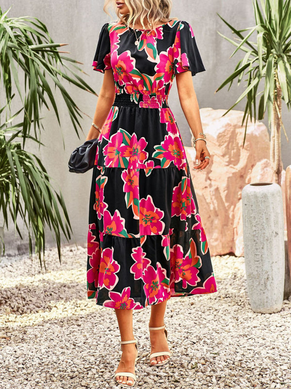 Floral Dress Temperament Elegant Waist Short Sleeve Long Dress