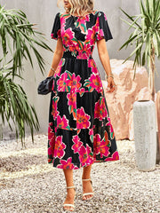 Floral Dress Temperament Elegant Waist Short Sleeve Long Dress