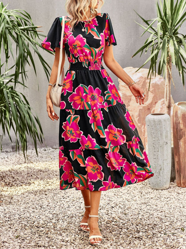 Floral Dress Temperament Elegant Waist Short Sleeve Long Dress