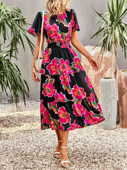 Floral Dress Temperament Elegant Waist Short Sleeve Long Dress