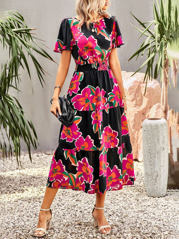 Floral Dress Temperament Elegant Waist Short Sleeve Long Dress