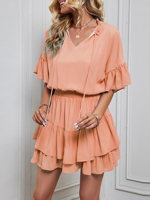 Ladies Solid Color Ruffle Dress