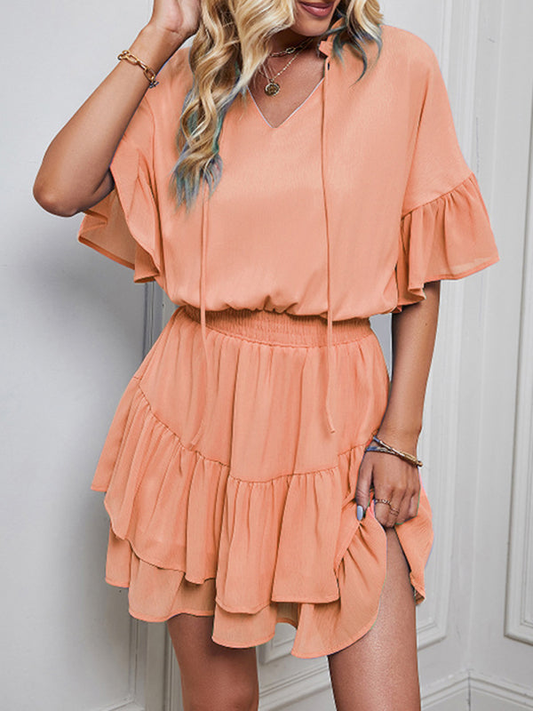 Ladies Solid Color Ruffle Dress
