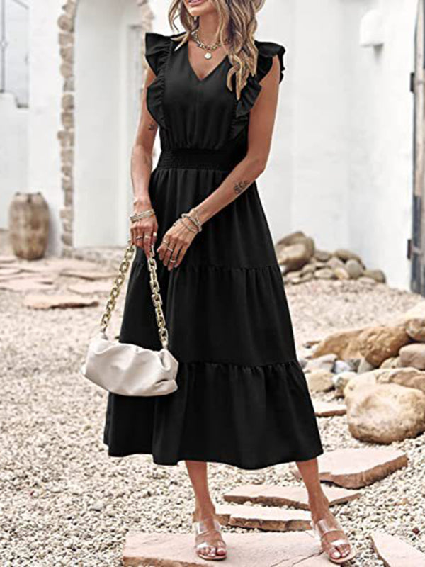 style sleeveless V-neck waist pleated dress with wooden ears