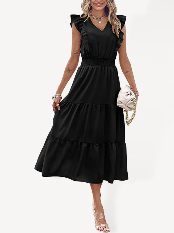 style sleeveless V-neck waist pleated dress with wooden ears