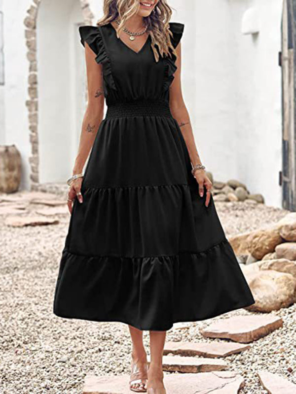 style sleeveless V-neck waist pleated dress with wooden ears