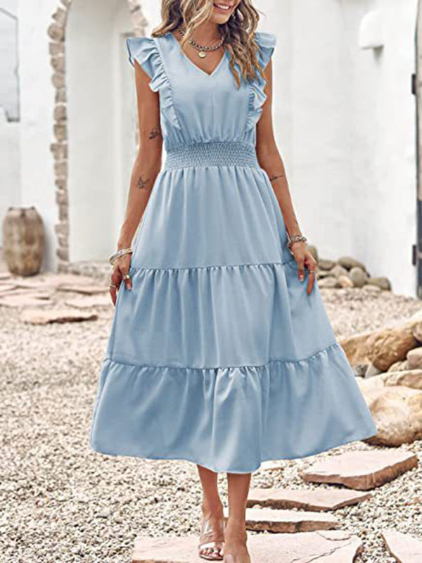 style sleeveless V-neck waist pleated dress with wooden ears
