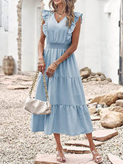 style sleeveless V-neck waist pleated dress with wooden ears