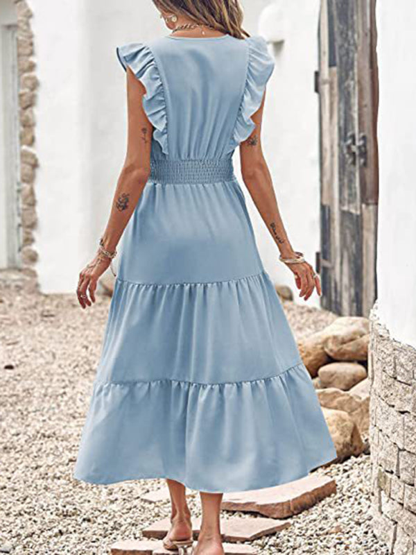style sleeveless V-neck waist pleated dress with wooden ears